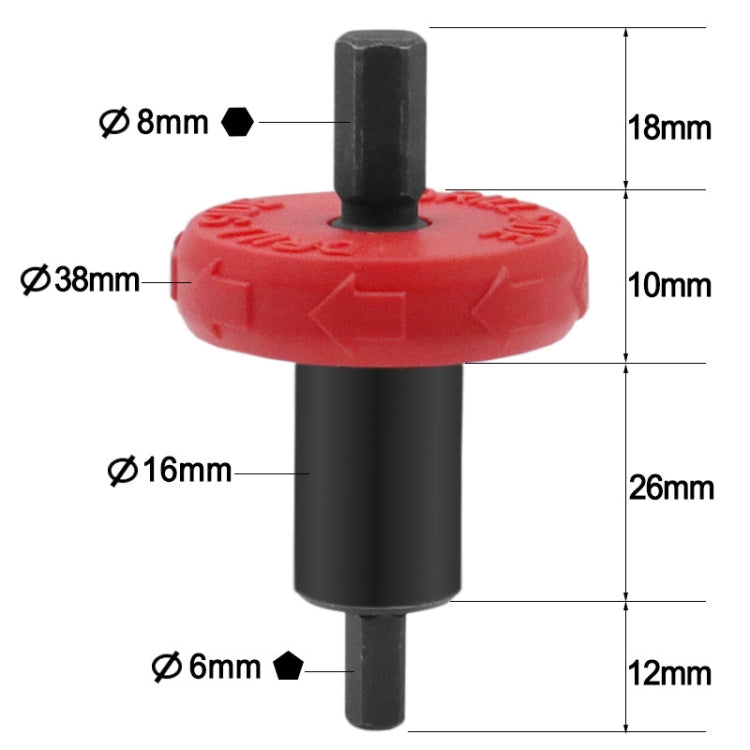 Red disk and black shaft starter adapter with size indicators