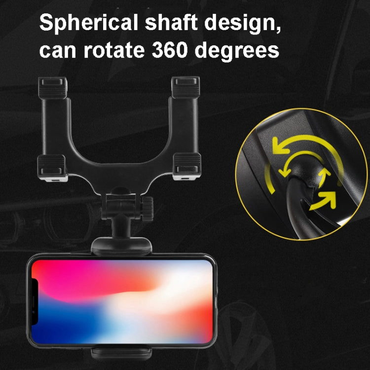 Black rearview mirror phone bracket with 360-style mount holding a smartphone