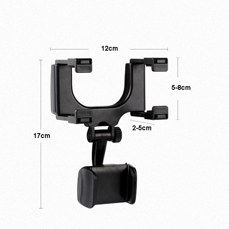 Black rearview mirror phone bracket with size measurements shown