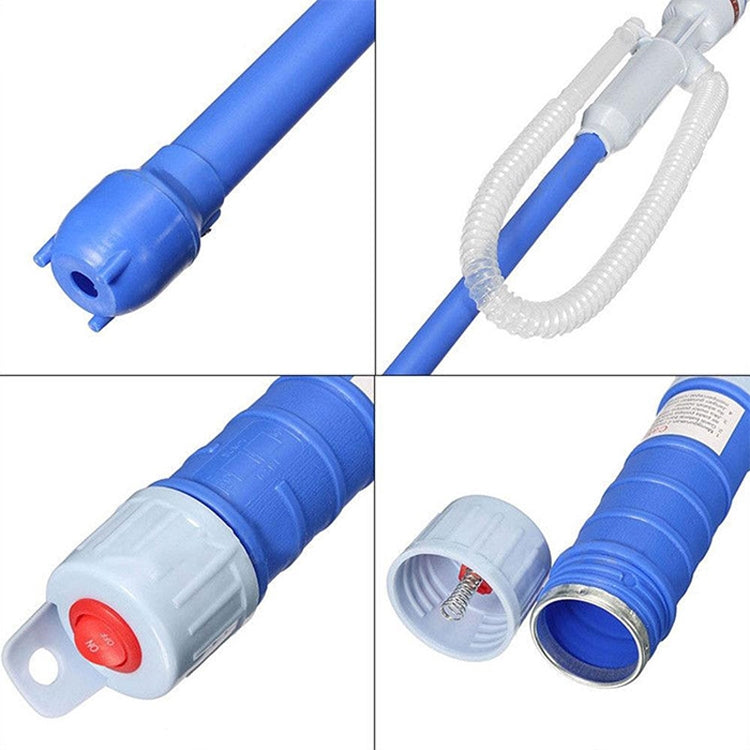 Blue electric oil pump oiler with attached clear hose and end nozzle