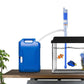 Blue electric oil pump oiler with hose connected to a small tank setup