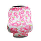 Stroller windscreen seat cover with pink rose print on white.