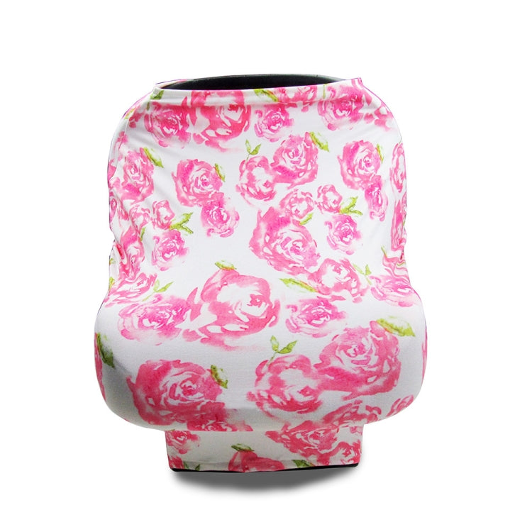 Stroller windscreen seat cover with pink rose print on white.