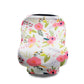 Stroller windscreen seat cover with colorful floral print on white.