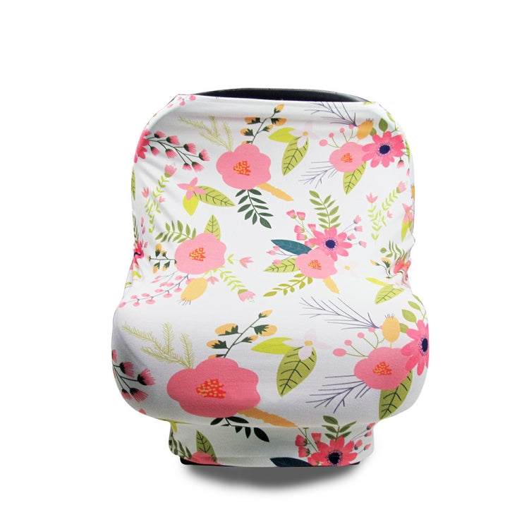 Stroller windscreen seat cover with colorful floral print on white.