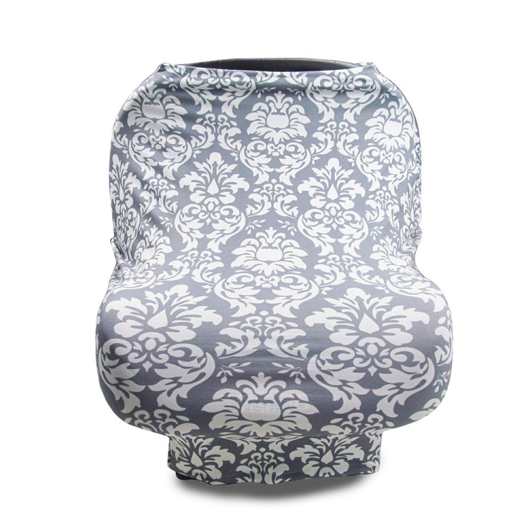 Stroller windscreen seat cover with gray damask pattern on light gray.