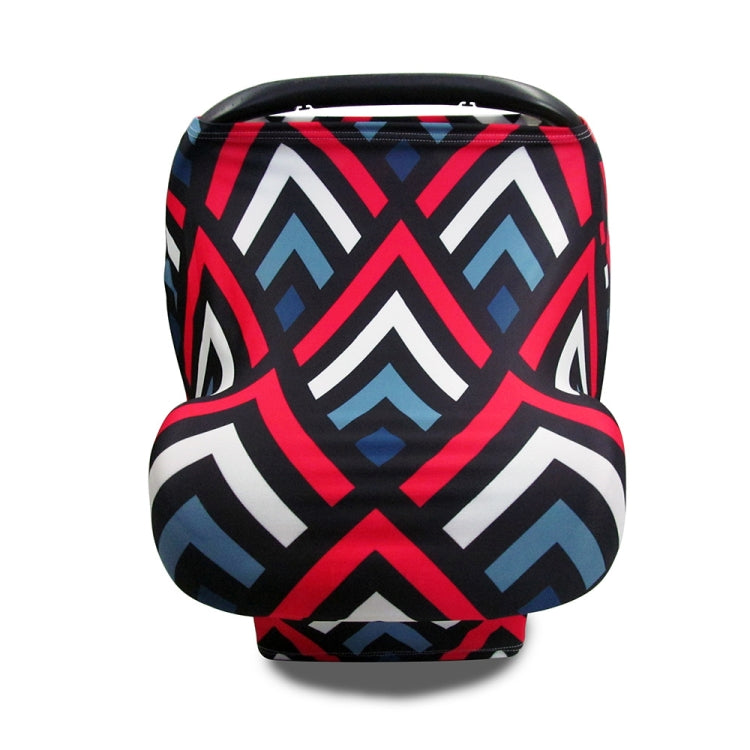 Stroller windscreen seat cover with red and blue geometric pattern on black.