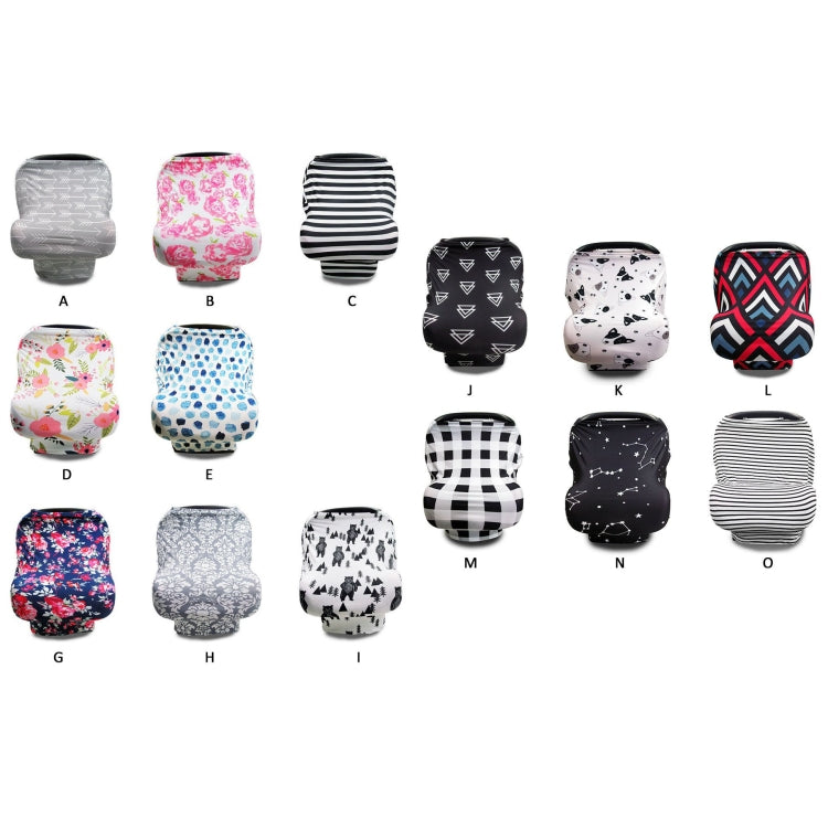 Assorted baby seat covers with multiple prints, including stripes, florals, and geometrics