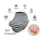 Black-and-white striped stroller cover with protective icons and circular 360-style graphic