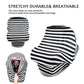 Black-and-white striped stroller cover with stretchy, curved fit and top opening