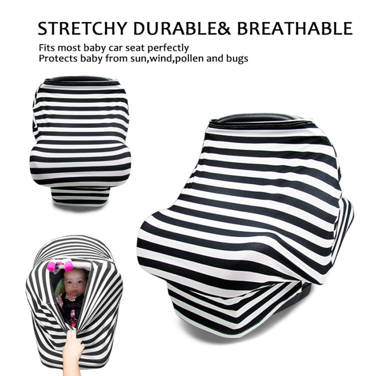 Black-and-white striped stroller cover with stretchy, curved fit and top opening