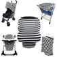 Black-and-white striped stroller cover shown on stroller and car seat cover