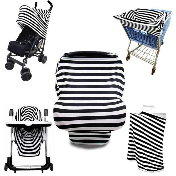 Black-and-white striped stroller cover shown on stroller and car seat cover