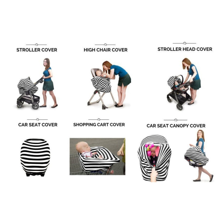 Stroller cover compatibility guide with black-and-white striped cover on multiple vehicles