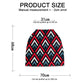 Geometric diamond-pattern baby seat cover in red, blue, and black with size diagram