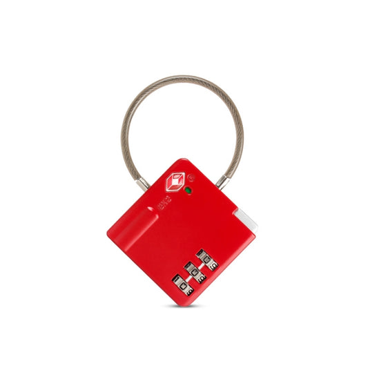 Red TSA combo wire padlock with red/green emblem and 4-digit keypad, loop handle