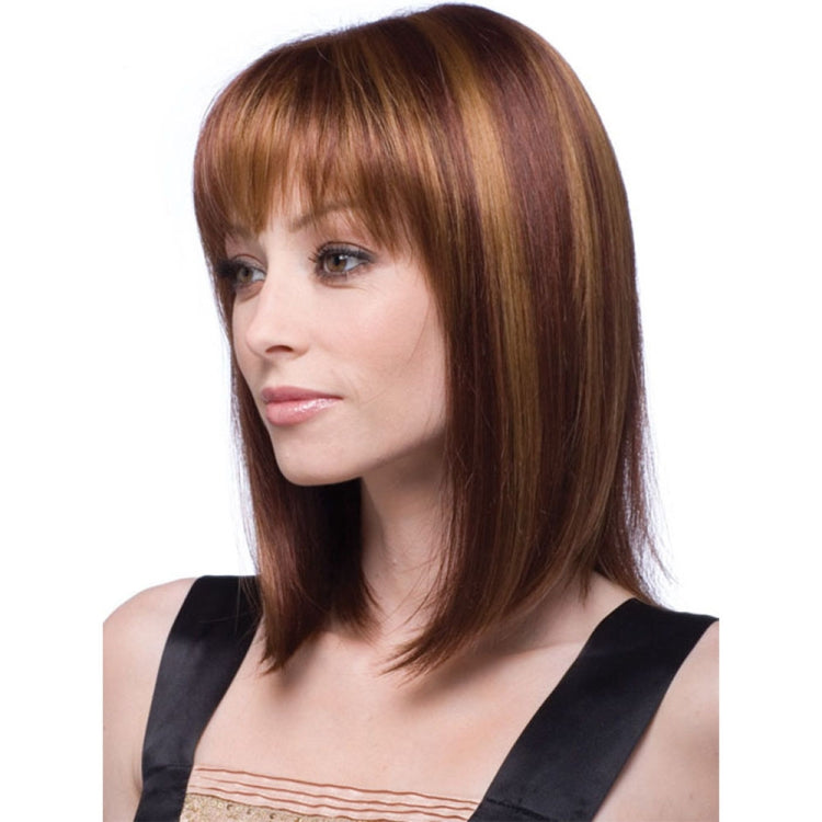 Women’s medium-length straight wig in brown with bangs