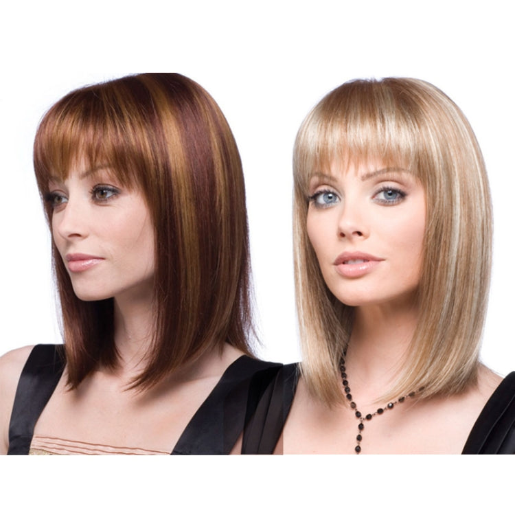 Pair of medium-length straight wigs: brown and light gold, both with bangs