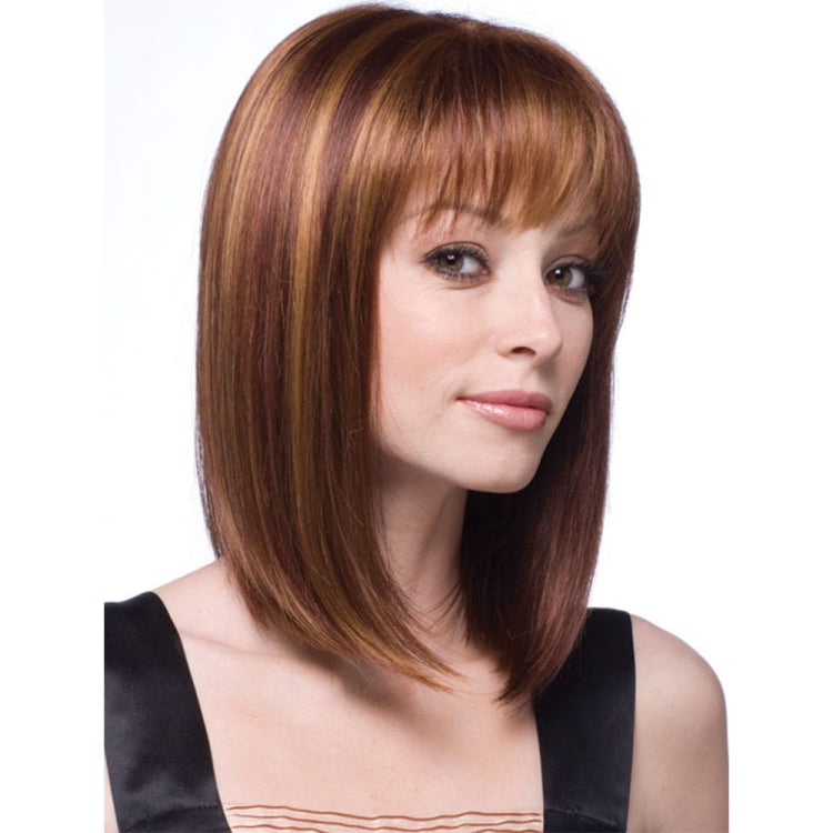 Women’s medium-length straight wig in brown with blunt bangs