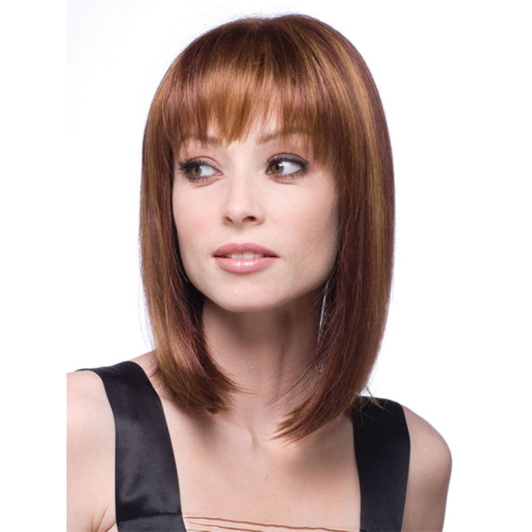 Women’s medium-length straight wig in brown with full bangs