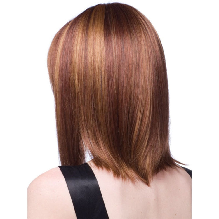 Women’s medium-length straight wig in brown, straight back view with bangs