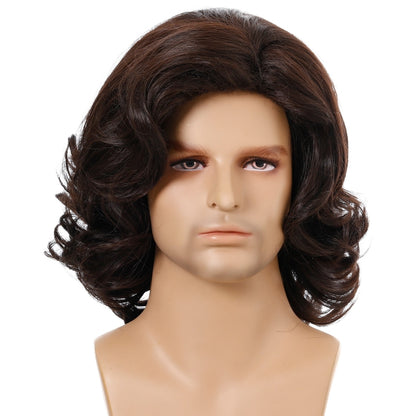 Men’s dark brown curly wig with oblique bangs and voluminous short hair