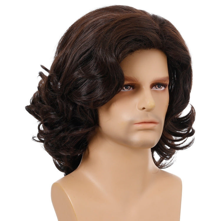 Men’s dark brown short curly wig, side view with fluffy layered curls