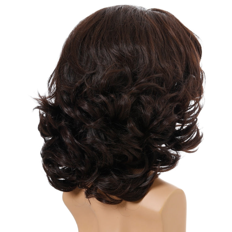 Men’s dark brown curly wig, back view showing dense short curls