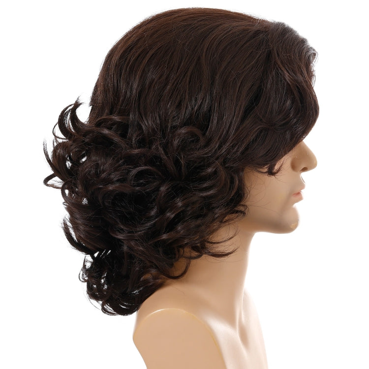Men’s dark brown curly wig, profile view with short fluffy curls