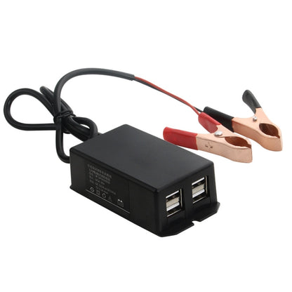 Black 4-USB phone charger with alligator clips and red/black power cable