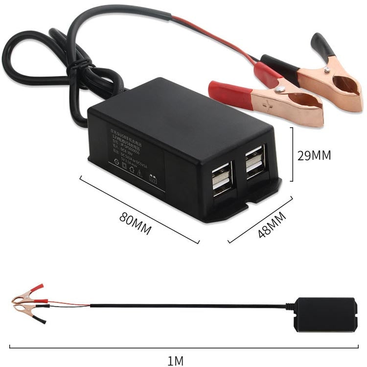 Compact black 4-USB phone charger with alligator clips and two USB ports