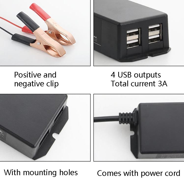 Black 4-USB phone charger with dual alligator clips, mounting holes, power cord