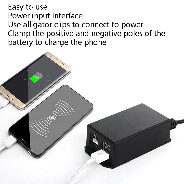 Black 4-USB phone charger with alligator clips and twin USB output ports