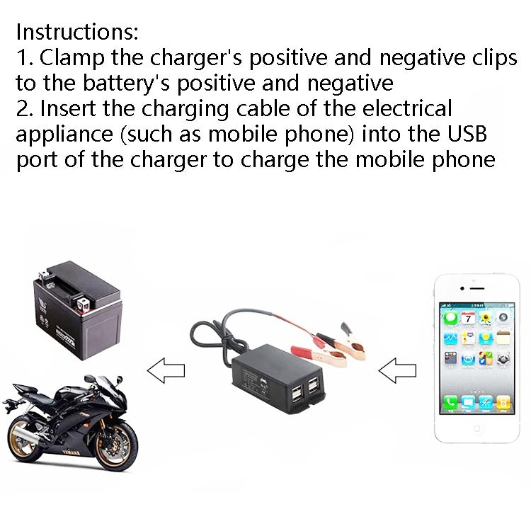 Black 4-USB phone charger kit with alligator clips and charging setup diagram