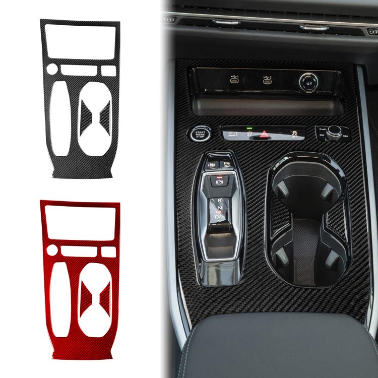 Carbon-fiber center console trim pieces set, showing black and red accents