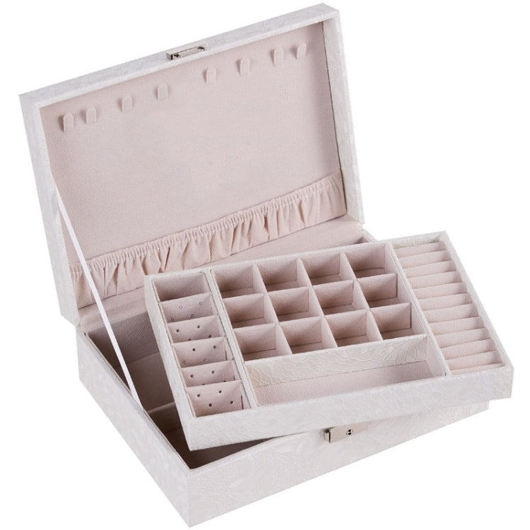 White jewelry desktop storage box with flip lid and organized ring and earring compartments