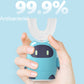 Hands holding a blue automatic electric toothbrush with U-shaped bristle head
