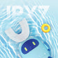 Blue U-shaped electric toothbrush with white bristle U head and wet splashes