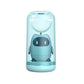 Light blue automatic electric toothbrush with U-shaped bristle head in enclosure
