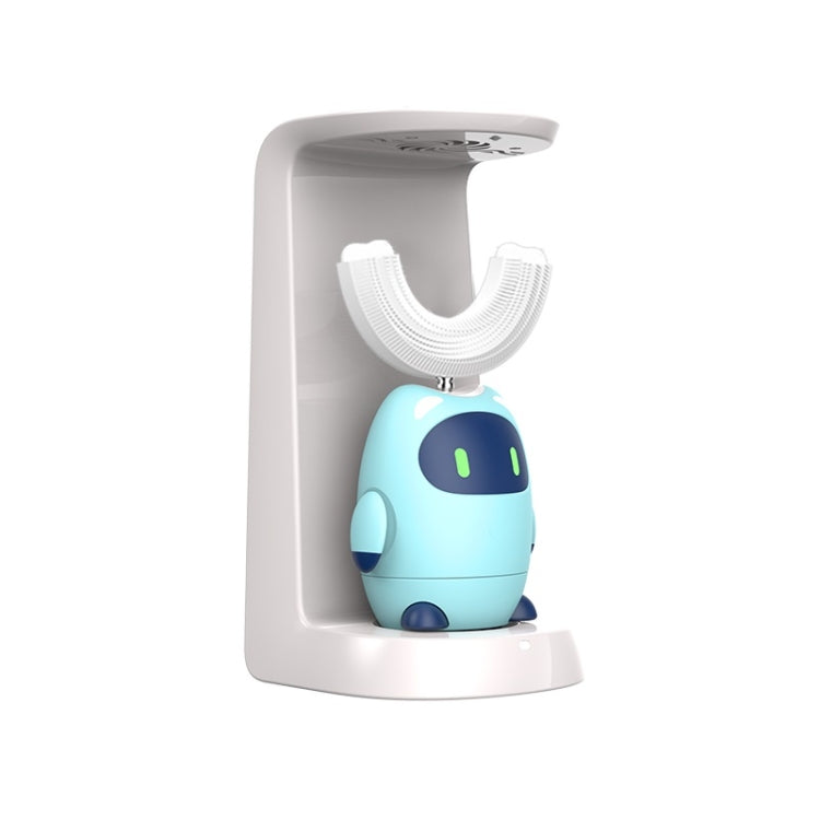 Automatic electric toothbrush stand with blue U-shaped bristle head, front view