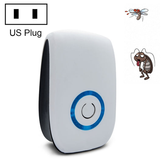 White ultrasonic electronic pest repeller plug-in device, blue power ring and button