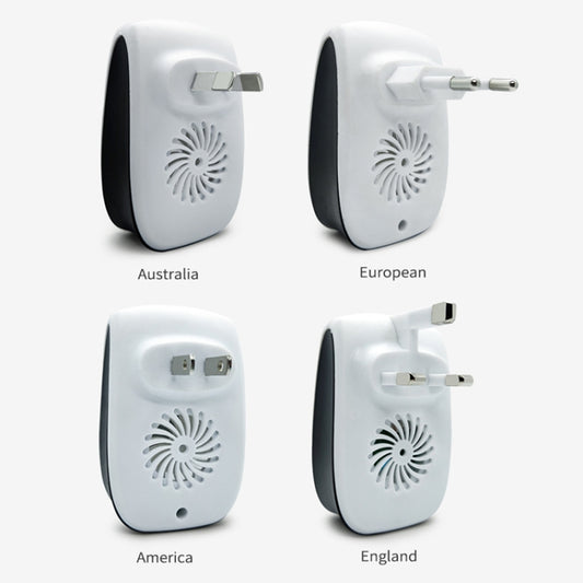 Ultrasonic pest repeller showing four plug types: Australia, Europe, America, England