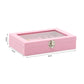 Pink flannel jewelry storage box with hinged lid and metal clasp, top view