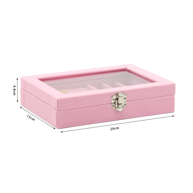 Pink flannel jewelry storage box with hinged lid and metal clasp, top view