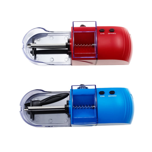 Electric cigarette maker cutaway showing internal roller assembly in red and blue
