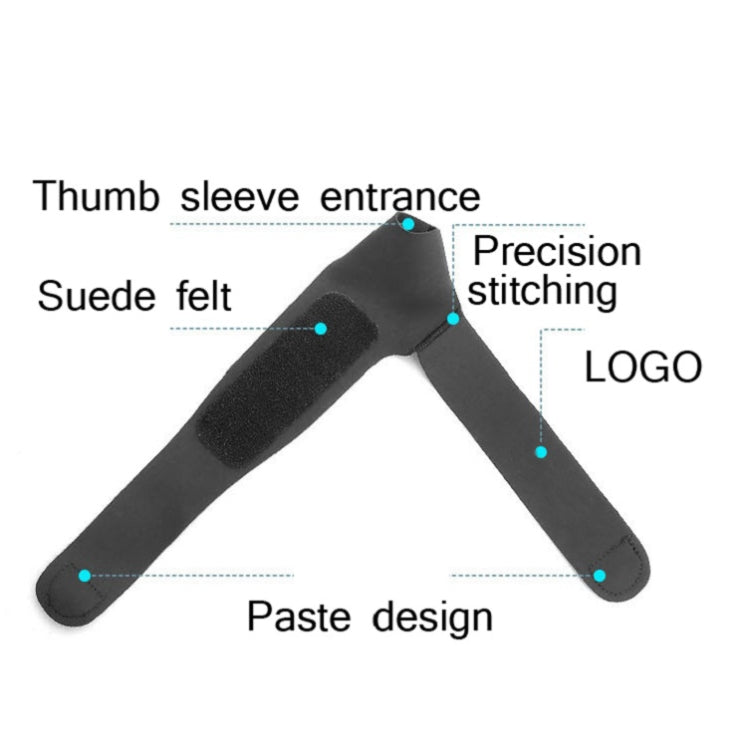 Black wrist brace with thumb cover, reinforced felt pad area for support.