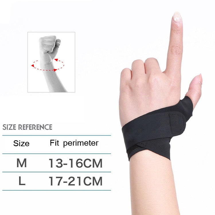 Black wrist brace with thumb cover, shown on hand for fit reference.
