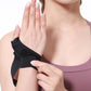 Black wrist brace with thumb cover, adjustable strap wrapped around the wrist.
