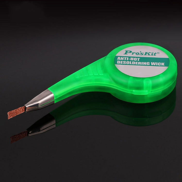 Green desoldering wick suction wire tool with exposed braided copper tip