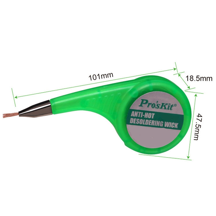 Green anti-hot desoldering wick tool with curved nozzle and copper braid end